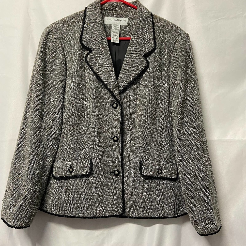 Sag Harbor Petite Suit Jacket Tailored 2 Pocket Tweed Black 14P